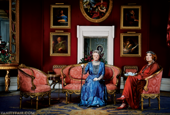 Maggie Smith as the Dowager Countess of Grantham with her son’s mother-in-law, Martha Levinson, played by Shirley MacLaine, photographed in the Octagon Room at Basildon Park, in West Berkshire, England.